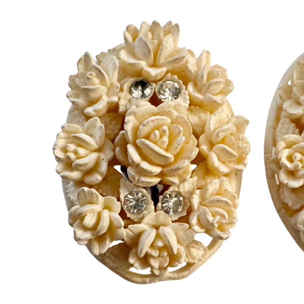 Vintage‎ Cream Celluloid Carved Roses Statement Earrings Oval Cottage Feminine - Picture 10 of 14